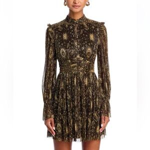 Aqua Metallic Gold and Black Long Sleeve High-Neck Dress